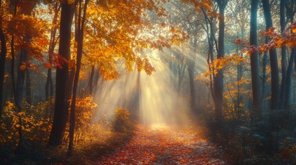 Obraz premium Golden sunlight streams through an autumn forest, illuminating the path ahead with warm, ethereal glow.