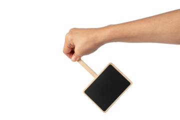 Empty post blackboard in hand isolated on transparent background.