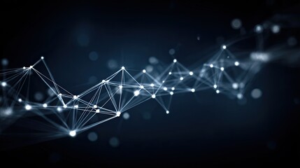 Obraz premium Abstract network of interconnected white nodes and lines against a dark blue background, suggesting connection, technology, and data flow.