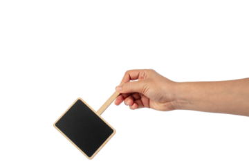 Empty post blackboard in hand isolated on transparent background.