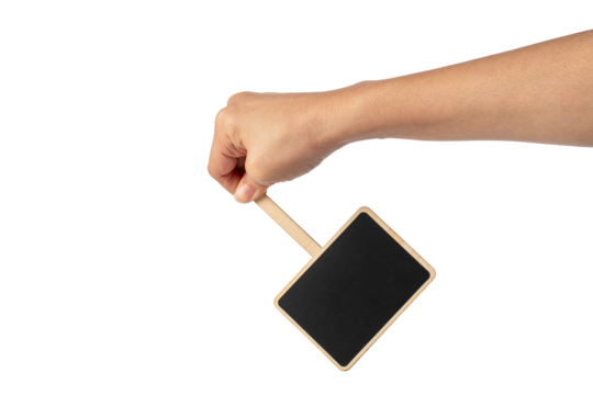 Empty post blackboard in hand isolated on transparent background.