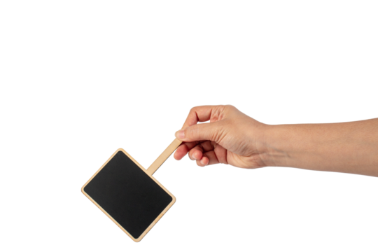 Empty post blackboard in hand isolated on transparent background.