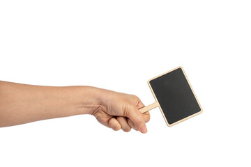Empty post blackboard in hand isolated on transparent background.