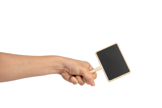 Empty post blackboard in hand isolated on transparent background.