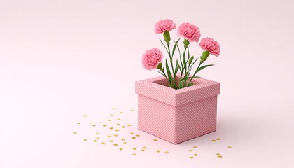 Pink and Gold Gift Box with Carnations and Confetti on Pastel Background gift