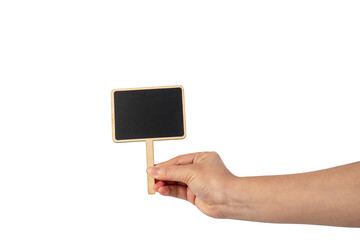 Empty post blackboard in hand isolated on transparent background.