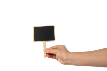 Empty post blackboard in hand isolated on transparent background.