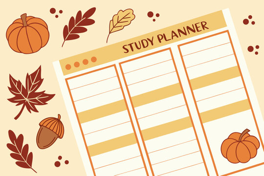 Fall themed study planner with pumpkins, leaves, and an acorn against a light beige background design layout - Powered by Adobe