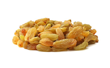 A side view of a healthy pile of sweet golden raisins, or sultanas, on white background.