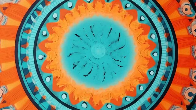 Vibrant circular mandala with intricate patterns in teal, orange, and red