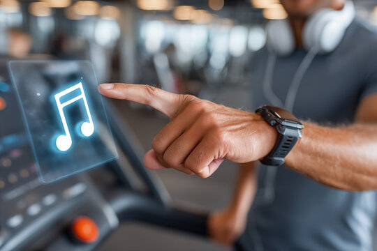 A man in sports T-shirt , smartwatch with headphones touching a holographic music note icon on a transparent screen, gym background , fitness inspiration