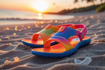 Naklejka premium Vibrant Beach Sandals on a Scenic Sunset Shore