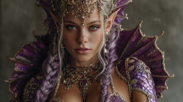 Mermaid queen with golden crown, radiant purple tail, long elf ears and regal gaze