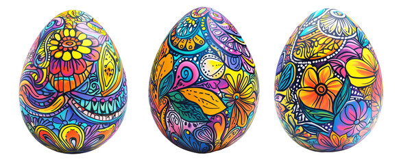 Fototapeta premium Decorative Easter egg with intricate floral patterns in vibrant colors isolated on white transparent background. Concept of festive celebration, art, and tradition