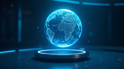 Digital glowing earth globe hologram on a futuristic pedestal in a dark room