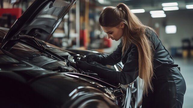 Focused Female Mechanic Inspecting a Dark Car Engine