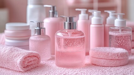 Pink toiletries and towels on a pink surface.