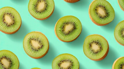 Close-up overhead shot of multiple kiwi fruit slices arranged on a vibrant turquoise background.