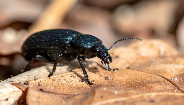 Black Ground Beetle on Dry Leaf