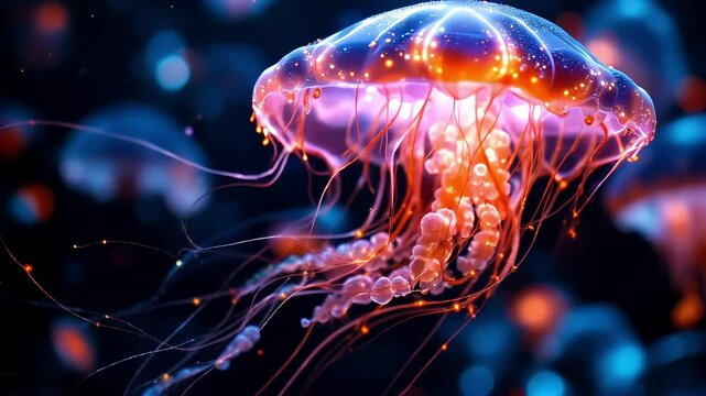Underwater fractal light patterns illuminate glowing blue jellyfish, showcasing their unique plasma-like motion and otherworldly high quality animation video
