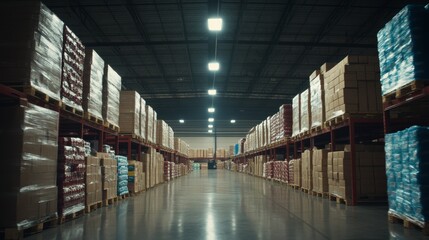 Spacious warehouse interior with organized rows of stacked cardboard boxes filled with bulk food items, illuminated by industrial lighting in a highceilinged storage facility