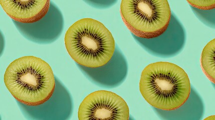 Overhead shot of multiple kiwi fruit halves arranged on a light blue background, showcasing their vibrant green flesh and seeds.