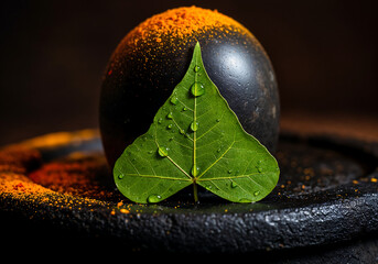 Macro Shot of Fresh Bael Leaf with Water Droplets on Wet Shiva Lingam Symbolizing Shrawan Offering