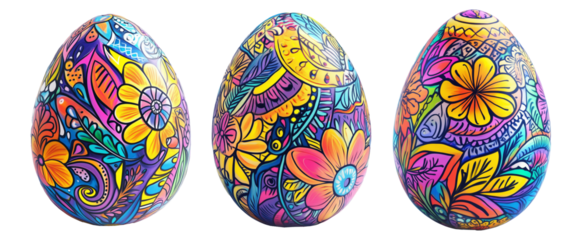 Decorative Easter egg with intricate floral patterns in vibrant colors isolated on white transparent background. Concept of festive celebration, art, and tradition