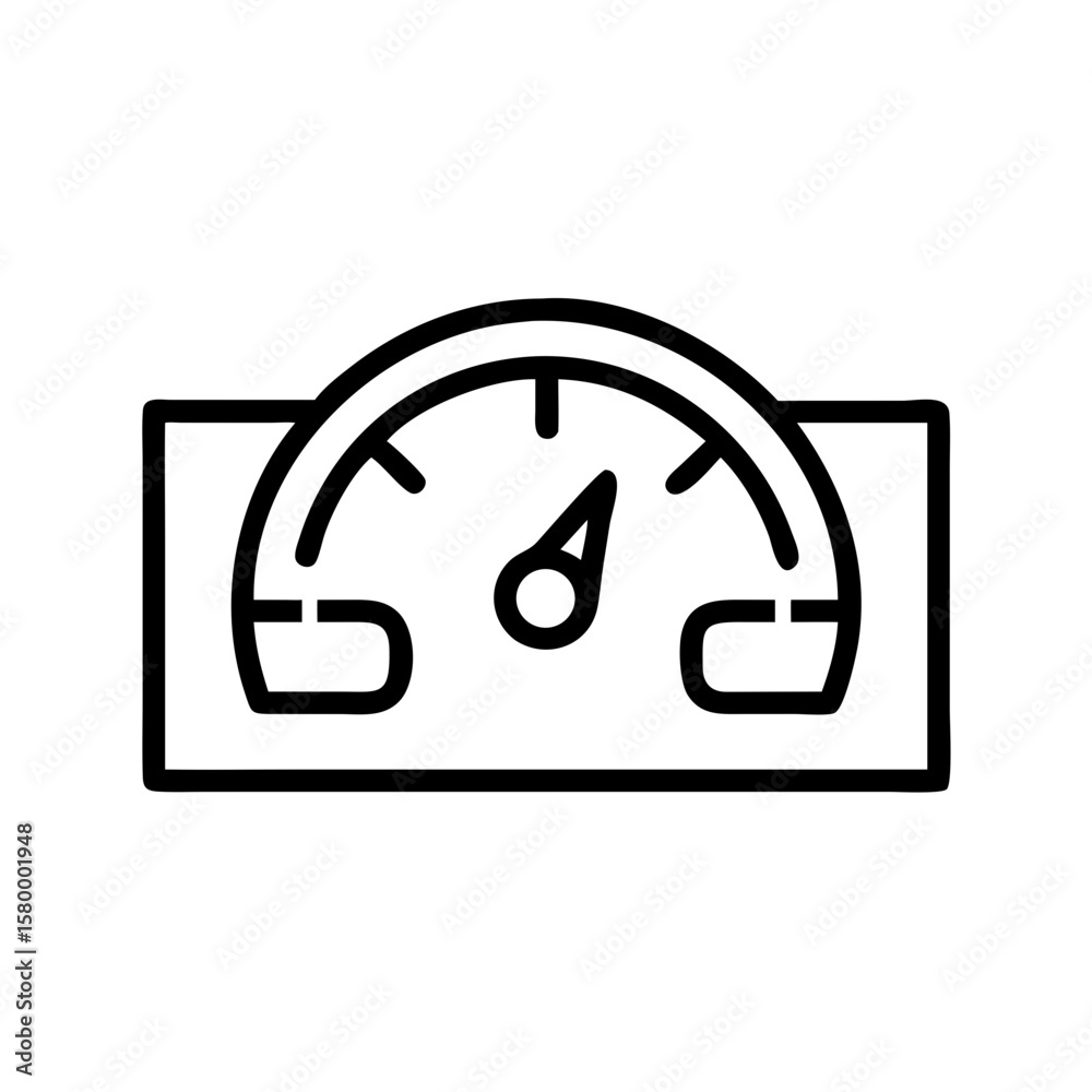Poster illustration of a speedometer with an arrow indicating speed within a rectangular frame outline desi