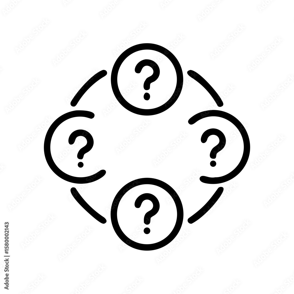 Poster four question marks in circles connected by curved lines forming a square like shape on a white back