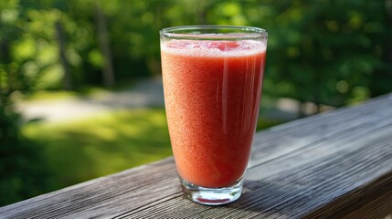 Refreshing homemade strawberry smoothie in a tall glass, outdoors on a wooden deck.