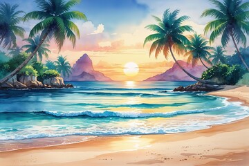 Serene Tropical Beach Sunrise Watercolor Background Art