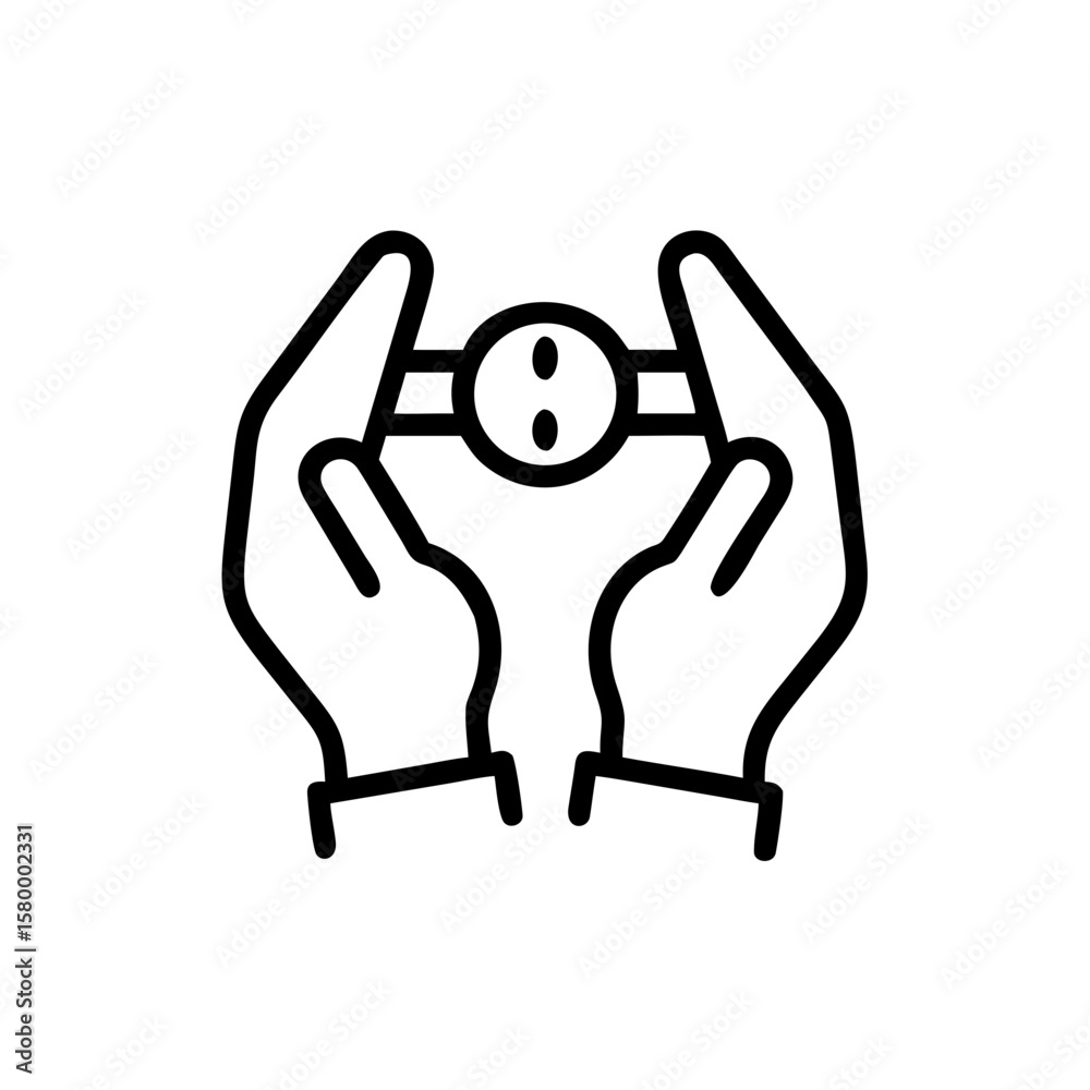 Poster hands holding a round object with two dots in the center in a line art style vector graphic design