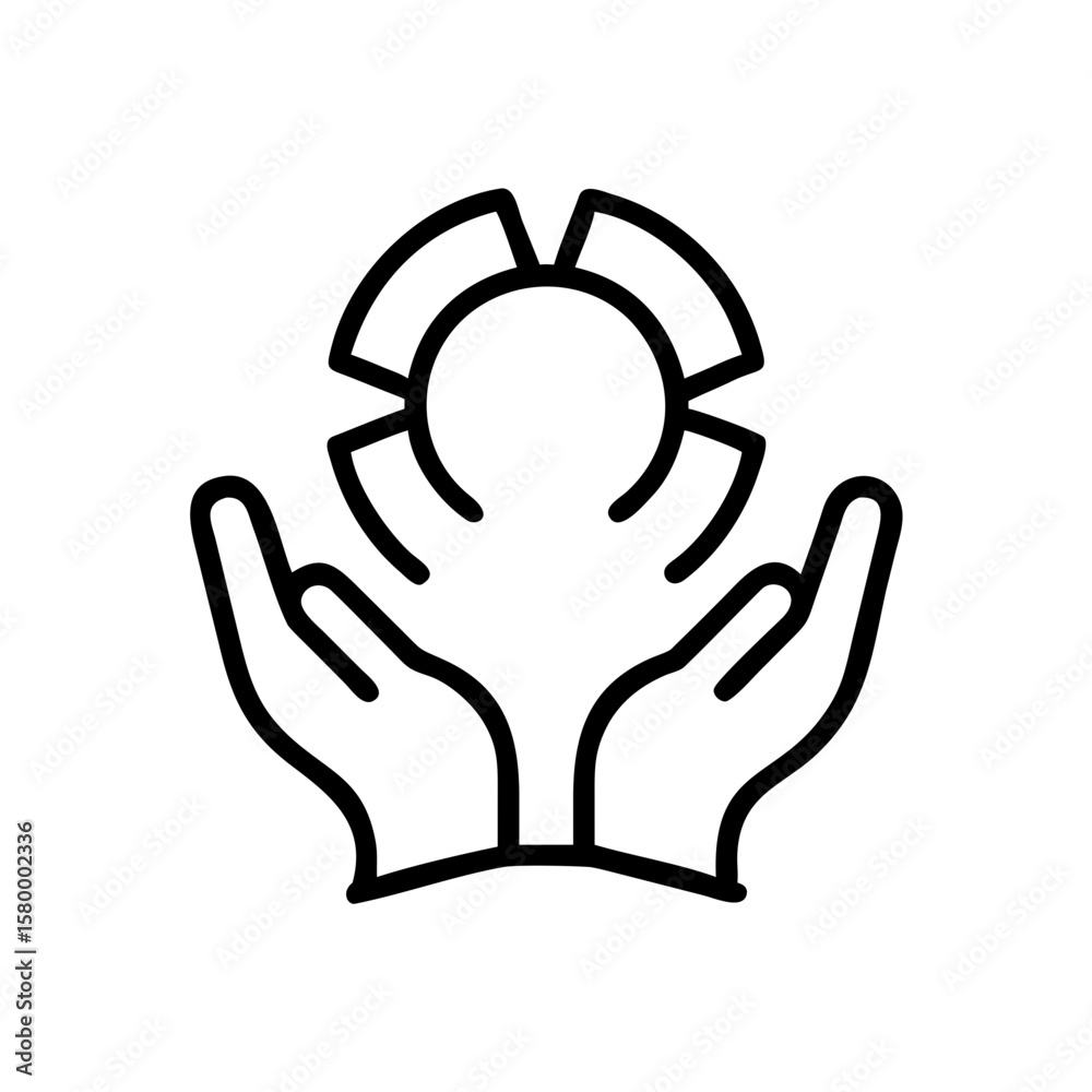 Poster hands holding a circular object with radiating segments in a simple line art style illustration desi