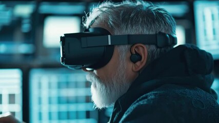 Elderly man with gray beard wearing wireless virtual reality headset exploring digital world with immersive technology and hand gestures futuristic - Powered by Adobe