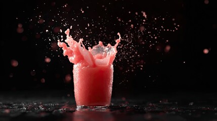 A glass of pink liquid erupts in a dynamic splash against a dark backdrop.