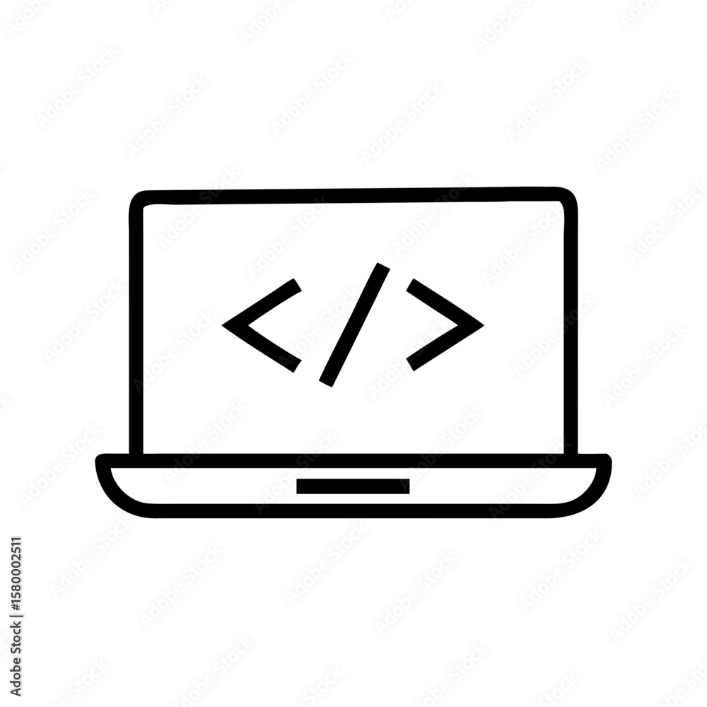 Fototapete Laptop displaying coding symbols in black and white outline style for software development concept use