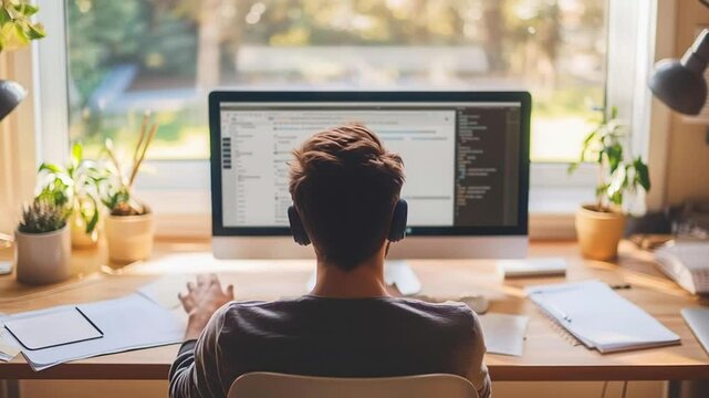 Person working on computer with headphones at home office desk surrounded by plants and natural light focused on coding workspace and productivity