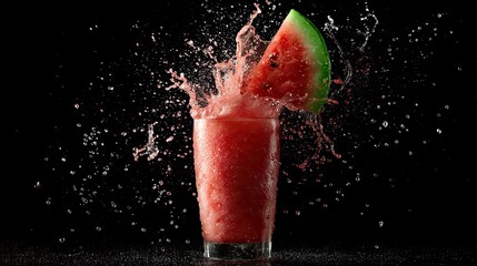 Watermelon slice falling into a glass of watermelon juice, creating a dynamic splash against a dark background.