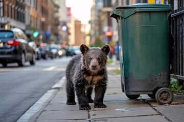 Young black bear cub standing by garbage can on city street. Wildlife drawn to human food waste