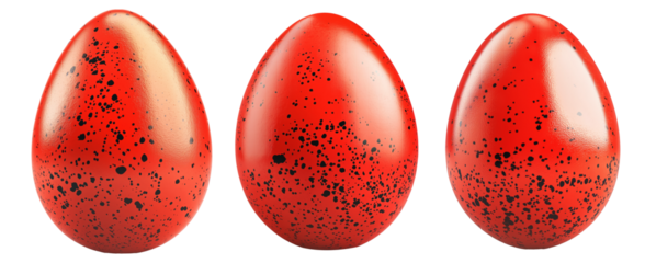 Glossy red Easter egg with black speckles isolated on white transparent background. The smooth surface and vibrant color create a striking and unique appearance