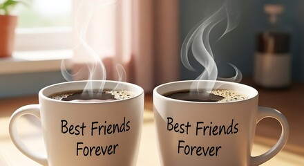 Two steaming mugs of coffee sit sidebyside, each inscribed with best friends forever, evoking warmth and shared moments