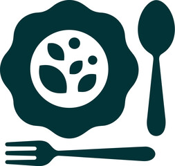 A stylized illustration of a plate with leaves, accompanied by a spoon and a fork on a white background