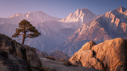 Obraz premium Lone pine tree silhouetted against majestic snow capped mountains at sunrise