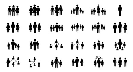 Collection of black vector people icons showing different groups and family arrangements on a white background