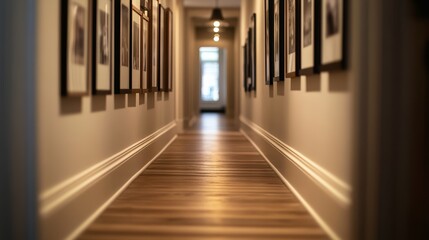 Cozy hallway with warm lighting, framed family photos, decorative mirrors, polished wooden floor, and inviting atmosphere extends into bright, welcoming background
