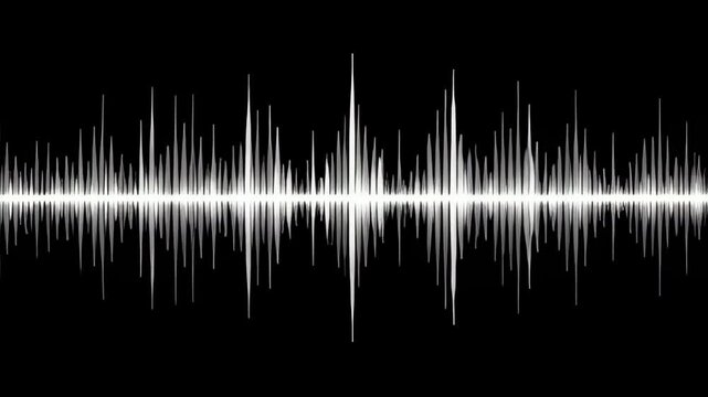 Soundwave graphic with white waveform on black background showing audio signal pattern in clean digital style and modern soundwave energy pattern