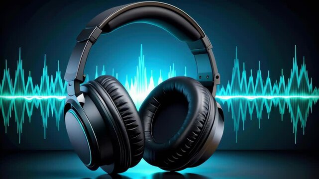 Wireless headphone black blue soundwave glowing light vibrant audio music technology modern design immersive experience