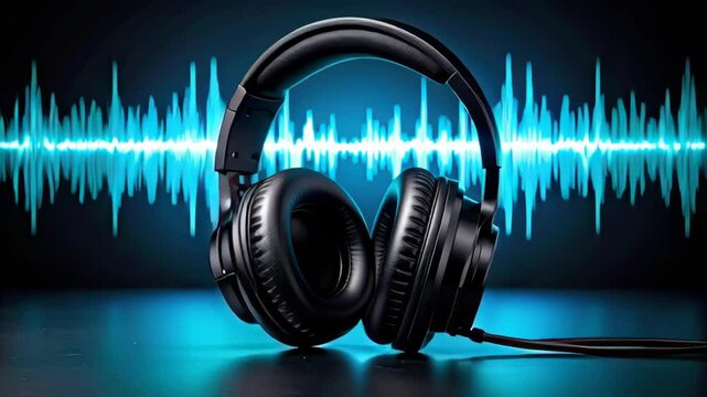 Soundwave visualization with black headphone closeup blue light background creating vibrant audio music technology effect and soundwave background