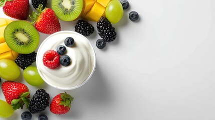 Yogurt parfait topped with fresh berries and fruit, arranged on a light background.